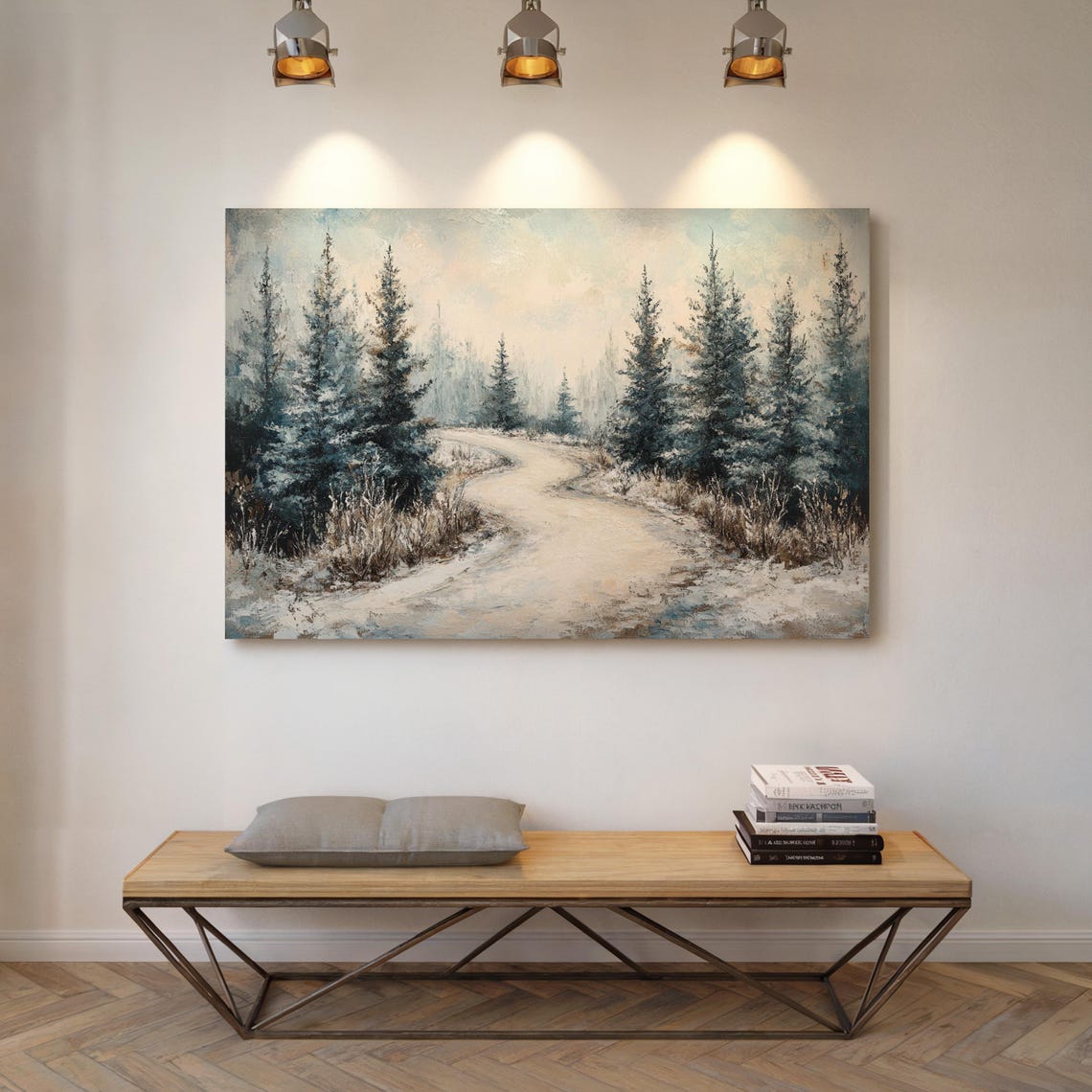 Snowy Path Through Winter Forest Wall Art Print Serene Landscape Painting For Cozy Home Decor - Image 5