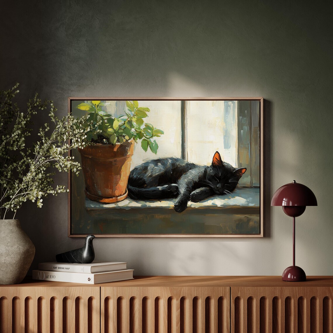 Black Cat Sleeping On Sunny Windowsill Plant Cozy Cat Lover Art Poster - Image 2