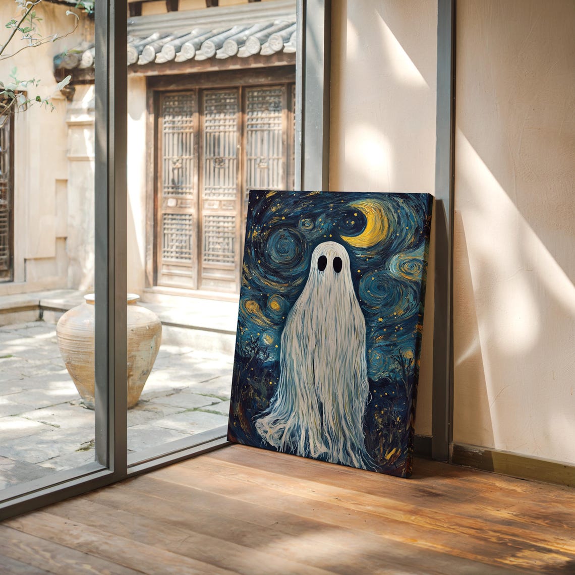 Cute Ghost in Swirling Starry Night Moon Van Gogh Style Wall Poster - Image 3