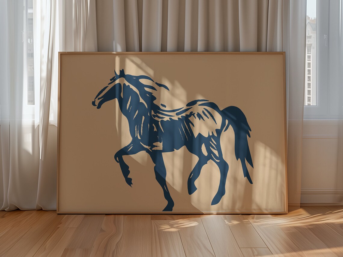 Navy Blue Horse Gallop Sketch Minimalist Western Equine Wall Art Print