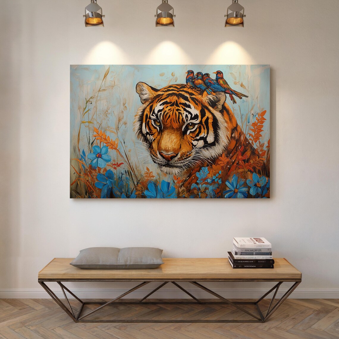 Majestic Tiger Portrait With Perched Birds And Blue Flowers Wall Art - Image 3