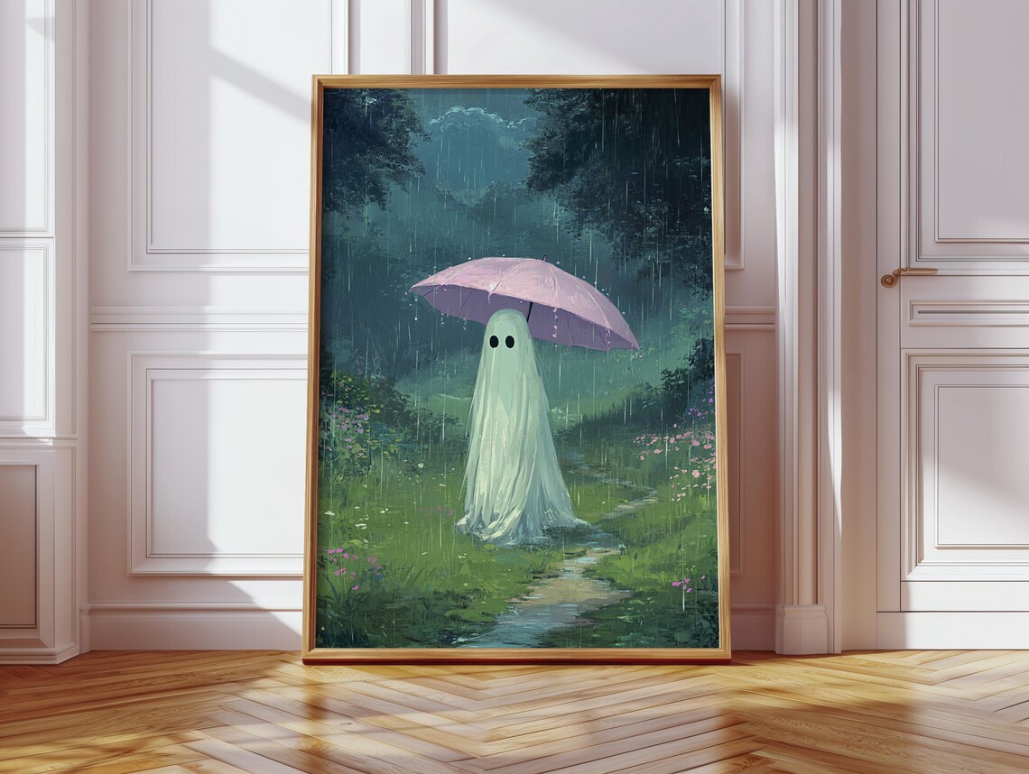 Ghost With Pink Umbrella, Moody Forest Art Print