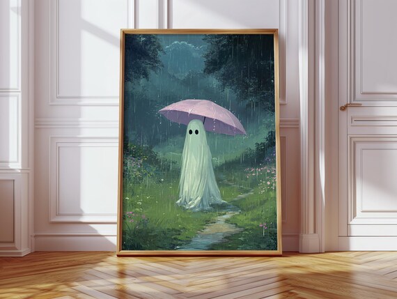 Ghost With Pink Umbrella, Moody Forest Art Print