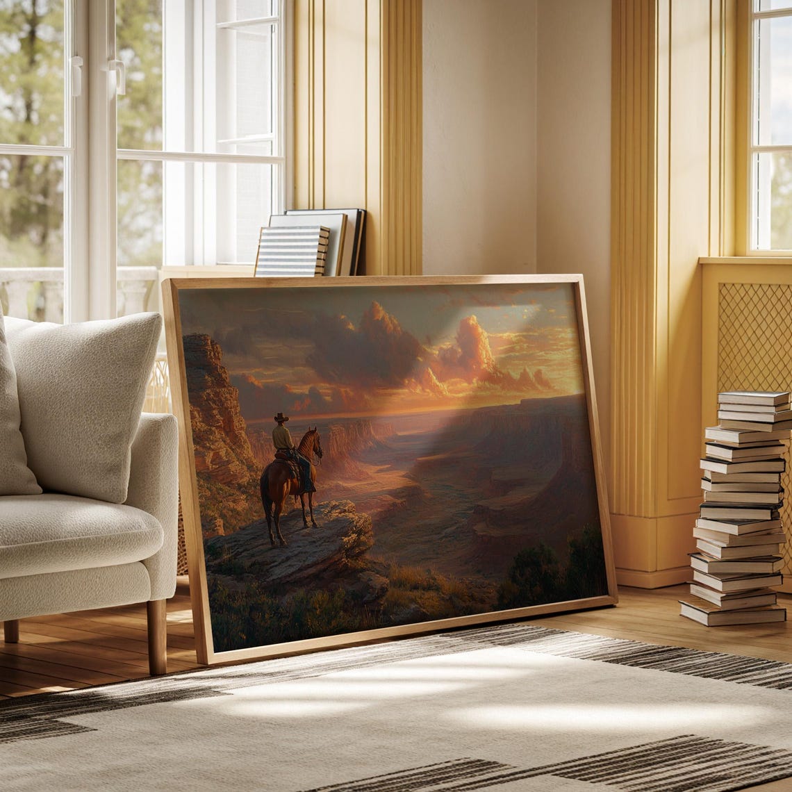 Lone Cowboy Overlooking Sunset Canyon Dramatic Western Horseback Landscape Wall Art Print Rugged Desert View Painting - Image 3