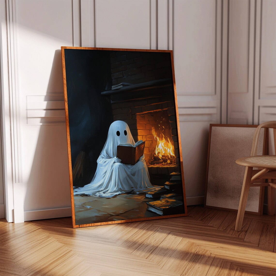 Cozy Ghost Reading By The Fireplace, Winter Gothic Art - Image 3