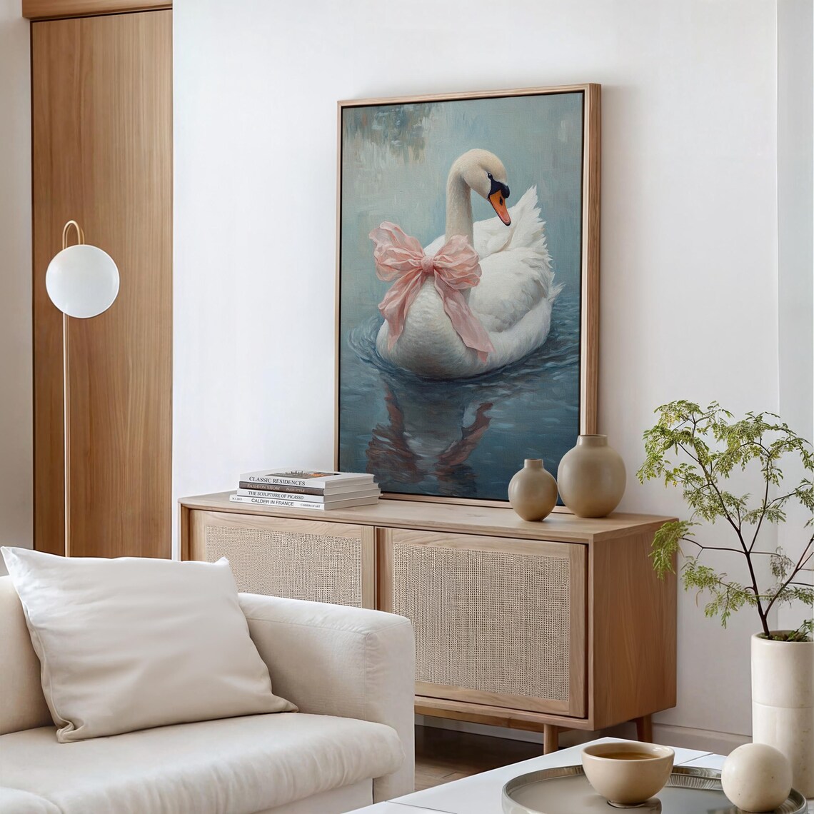 White Swan Pink Bow Blue Water Serene Oil Painting Nature Wall Art - Image 2