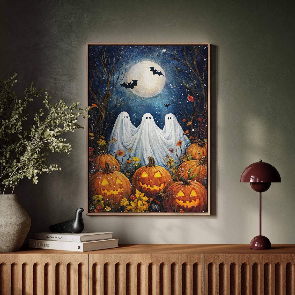 Three Cute Ghosts With Jack O Lanterns Full Moon Halloween Poster - Image 5