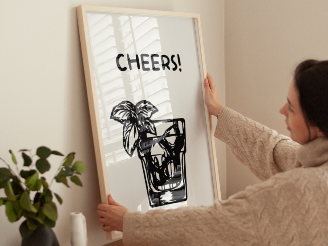 Cheers Cocktail Glass Sketch Black White Bar Cart Kitchen Wall Art - Image 4