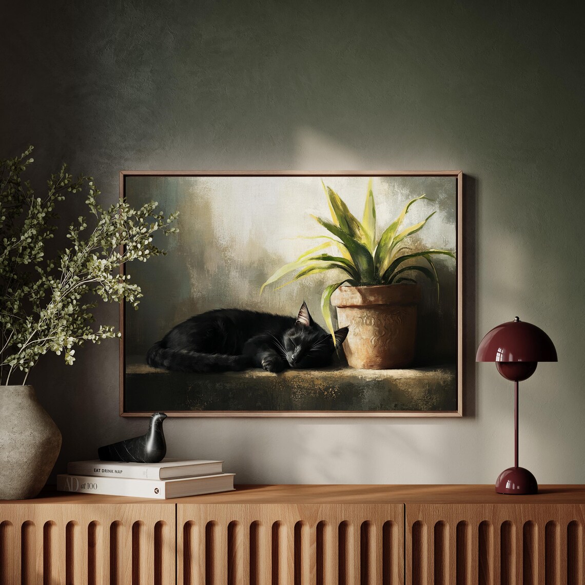 Black Cat Sleeping Peacefully by Sunny Window Plant Cozy Art Print - Image 2