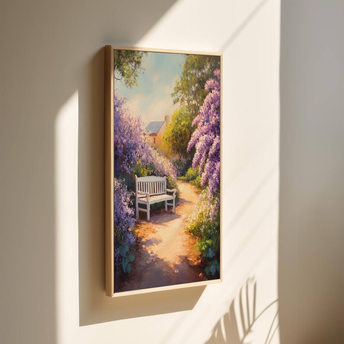 Sunlit Garden Bench Lilac Path Blooming Purple Flowers Spring Wall Art - Image 2