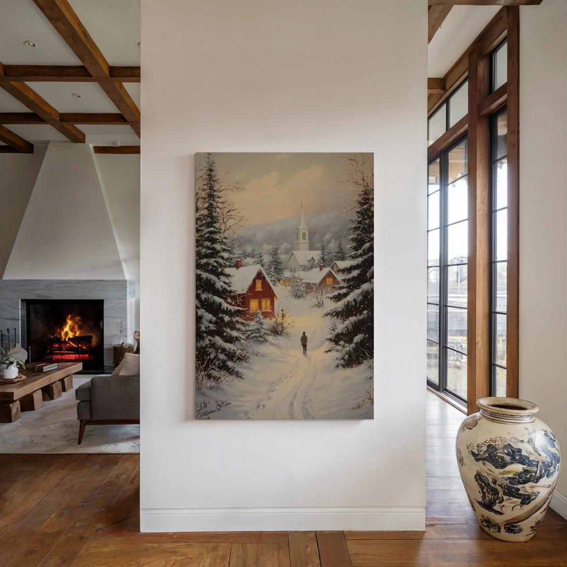 Snowy Village Christmas, Winter Cabin Scene Art Print - Image 5