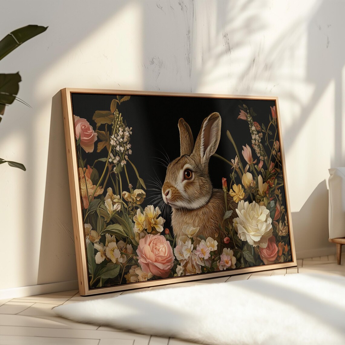Rabbit Among Roses And Peonies Dark Botanical Floral Animal Art Print - Image 3