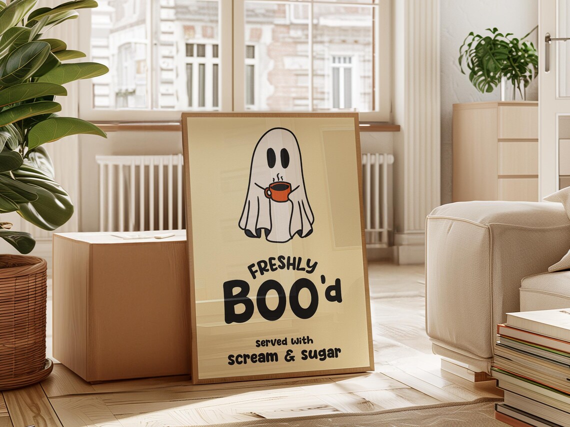Freshly Bood Ghost Coffee Pun Halloween Coffee Bar Decor Kitchen Poster