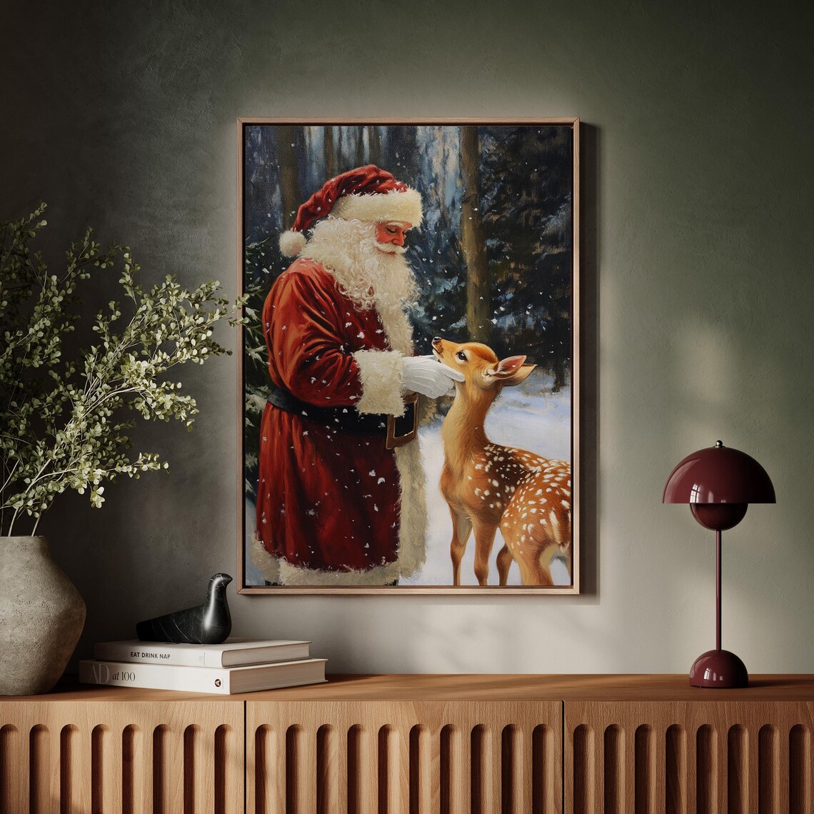 Santa Claus With Spotted Fawn In Snowy Winter Forest Christmas Poster - Image 5