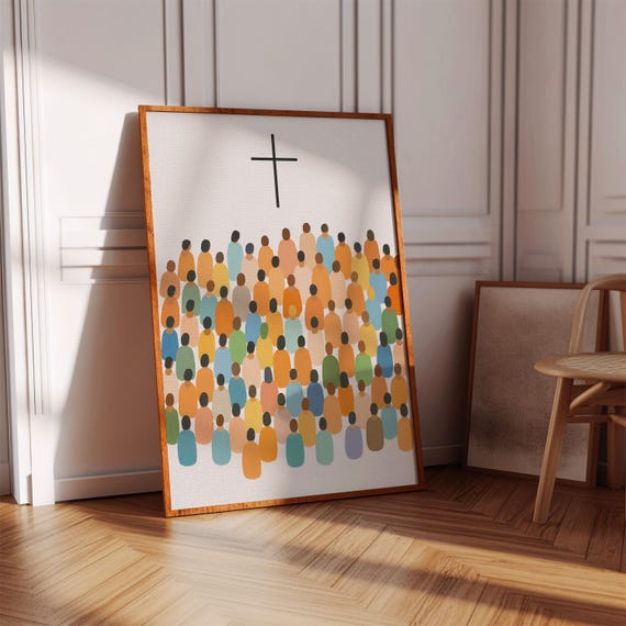 Modern Christian Cross Crowd, Minimalist Worship Art