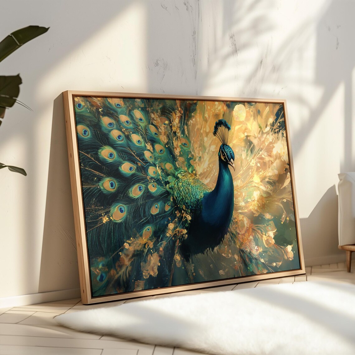 Peacock With Fanned Tail Golden Teal Majestic Radiant Bird Wall Art - Image 5
