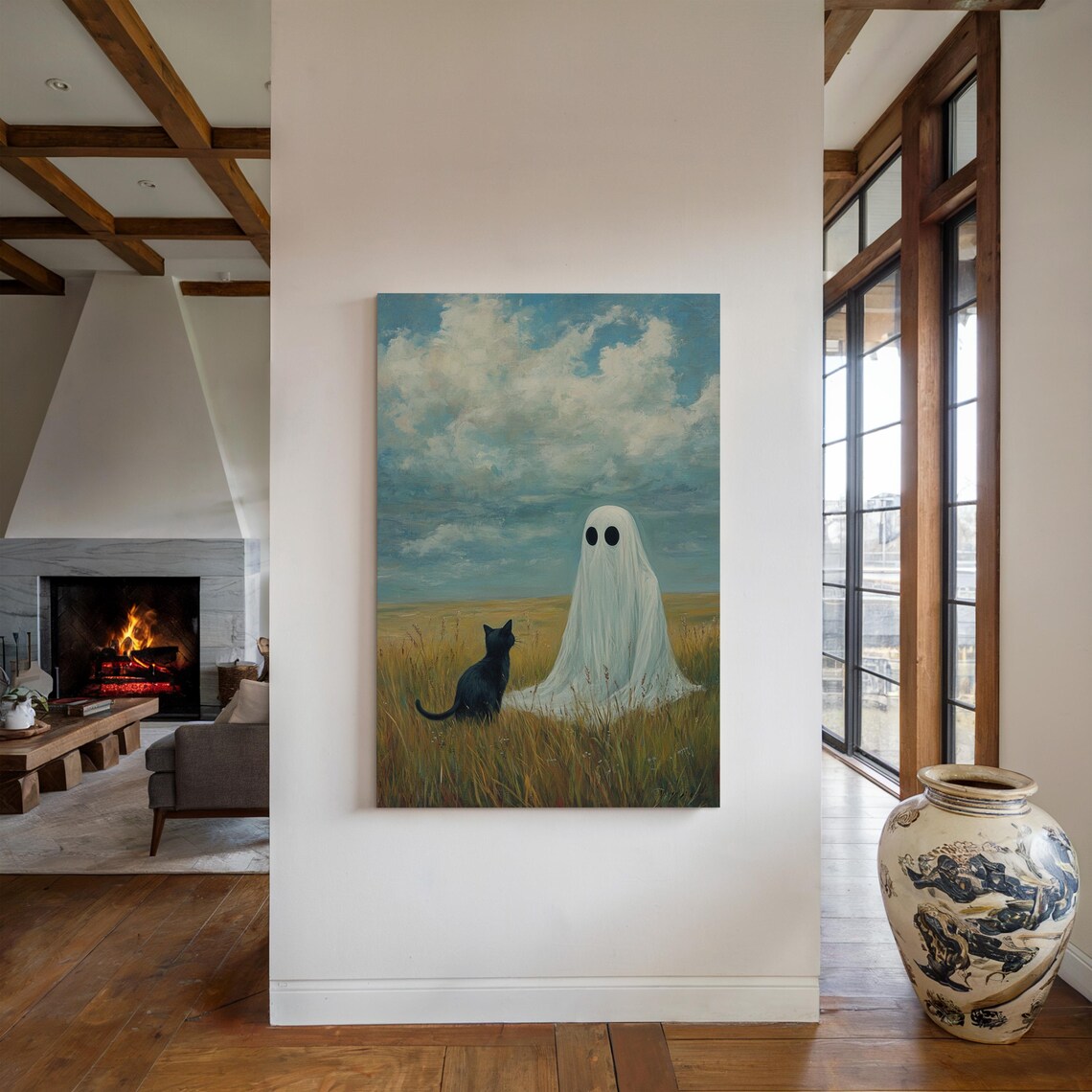 Ghost And Black Cat In Field, Spooky Autumn Landscape - Image 4