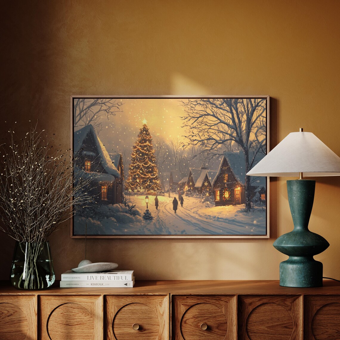 Golden Christmas Village Glowing Tree Warm Snowy Holiday Scene Poster - Image 4