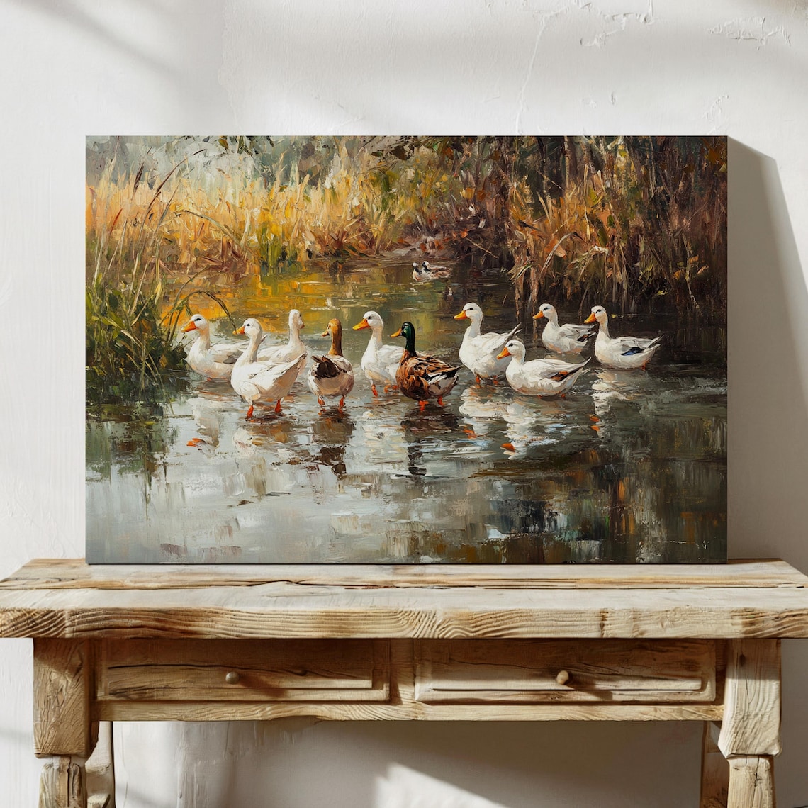 Country Duck Pond Painting, Rustic Autumn Landscape