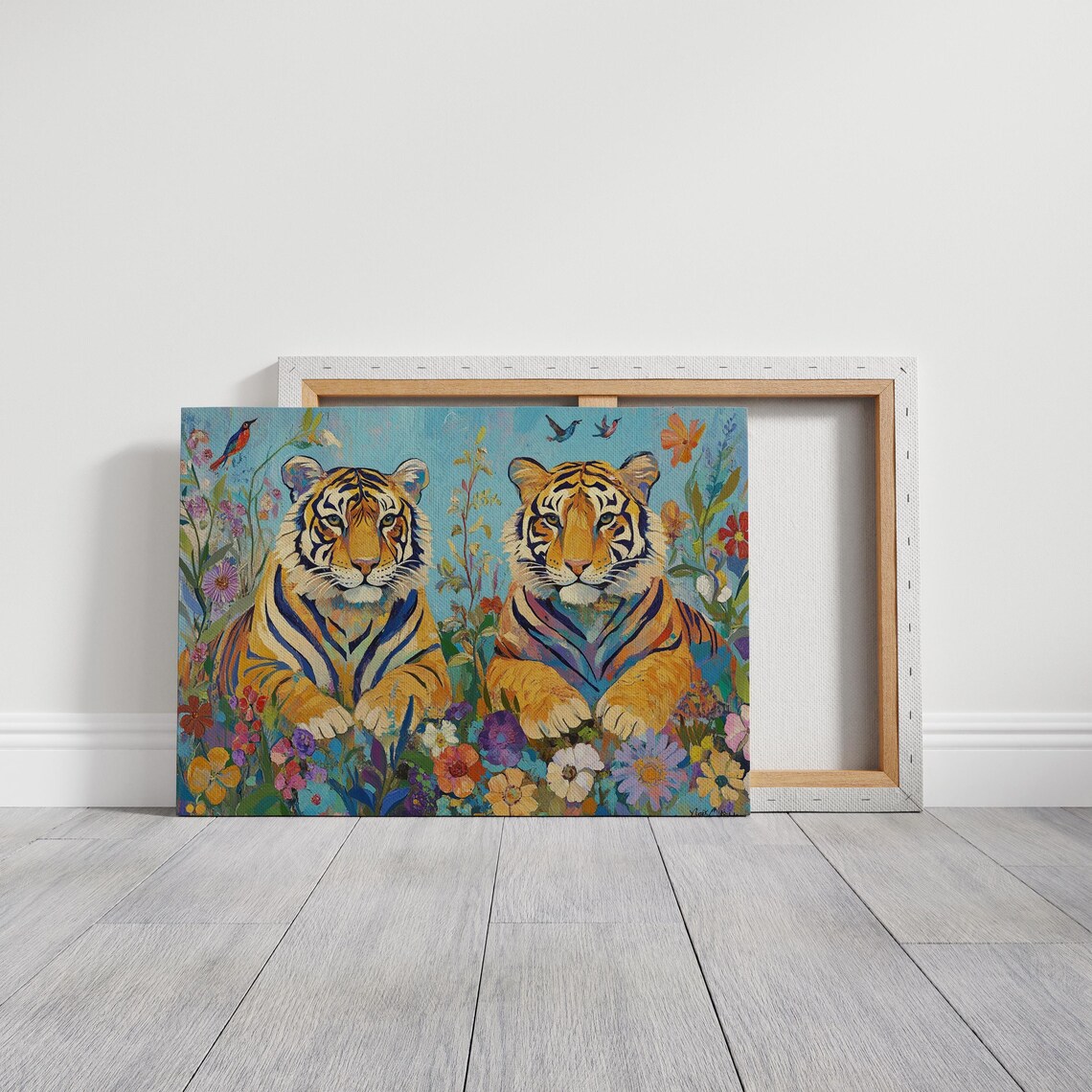 Majestic Tiger Duo Colorful Wildflowers Vibrant Wildlife Illustration Poster - Image 5