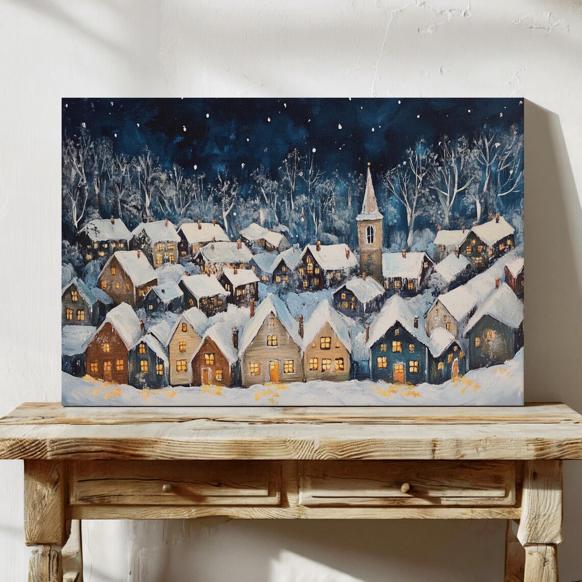 Snowy Winter Village Wall Art Festive Christmas Print With Cozy Houses For Living Room Bedroom Or Holiday Decor - Image 2