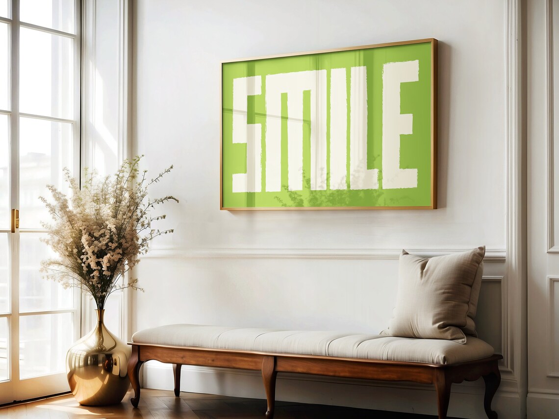 Smile Bold Cream Typography Lime Green Positive Quote Art Poster - Image 5