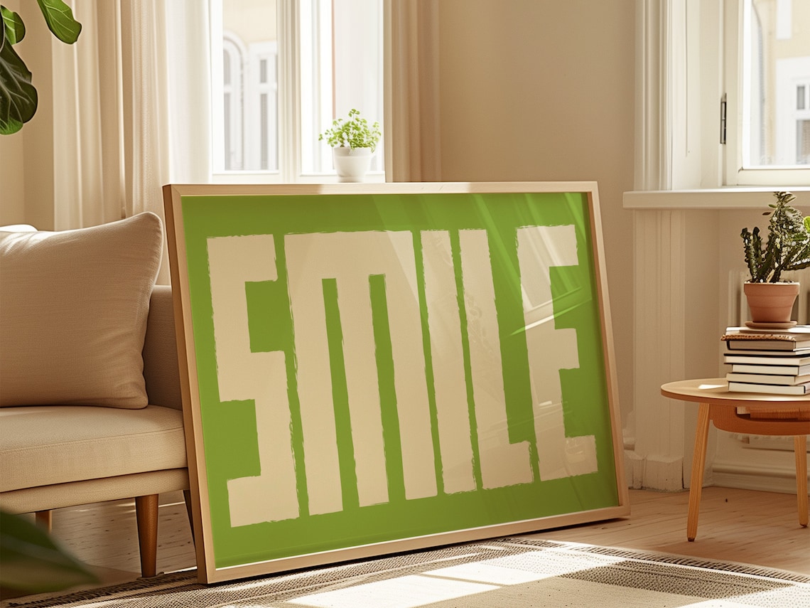 Smile Bold Cream Typography Lime Green Positive Quote Art Poster