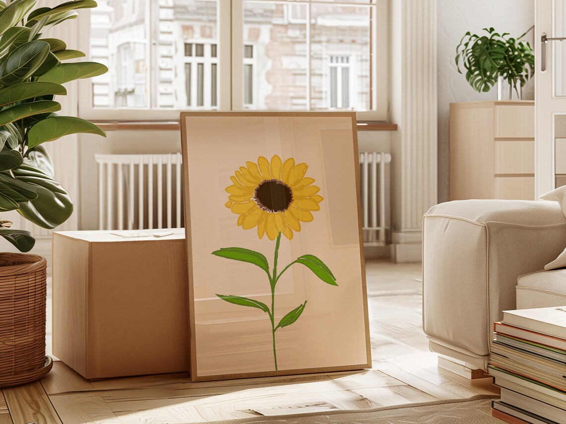 Cheerful Sunflower Leafy Stem Blush Soft Floral Nursery Art Poster - Image 2