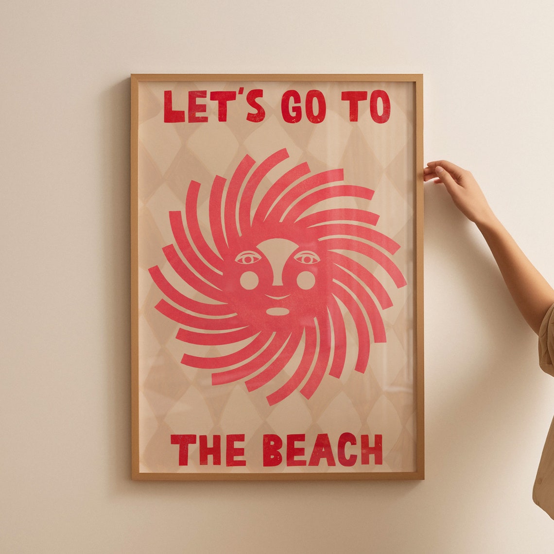 Lets Go To The Beach Retro Red Smiling Sun Face Summer Poster - Image 2