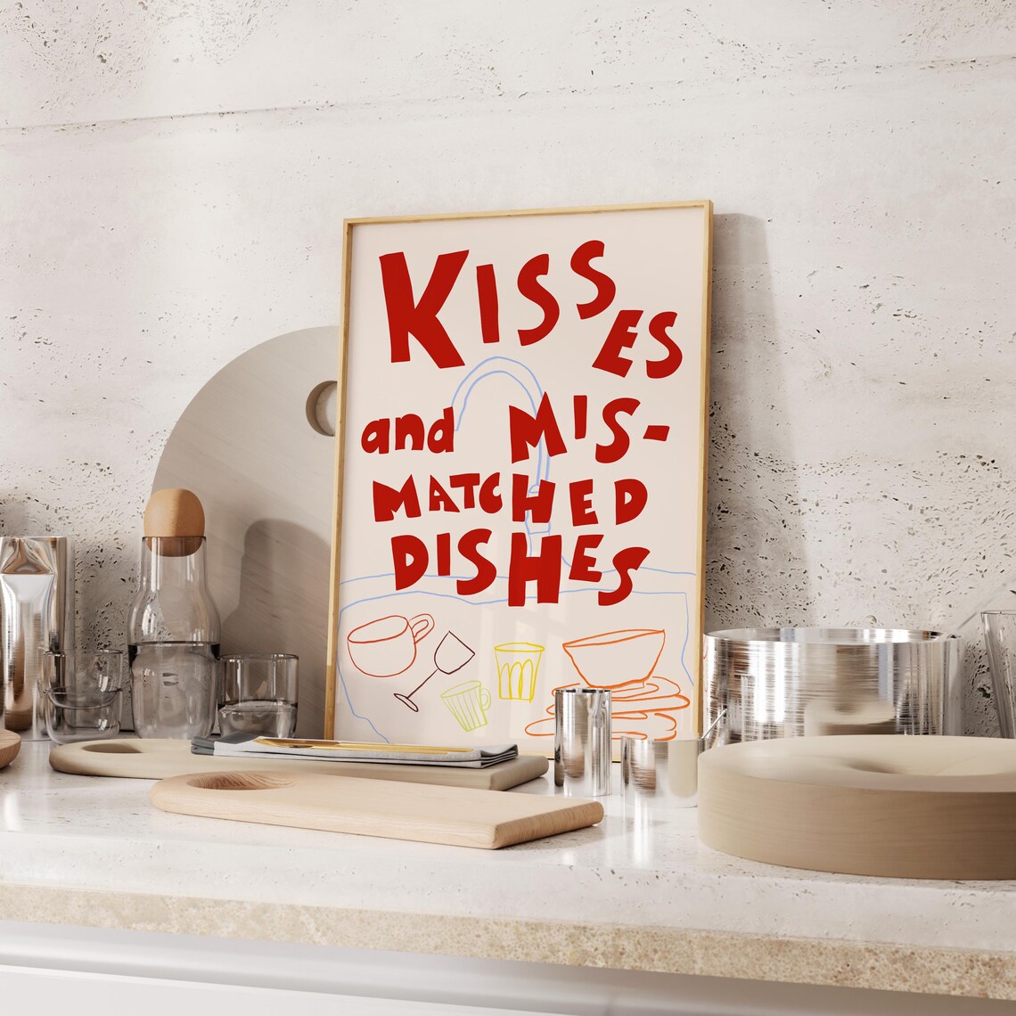 Kisses And Mismatched Dishes Print Hand Drawn Print Above The Sink Poster Trendy Kitchen Art Typography Poster Mid Century Print - Image 3