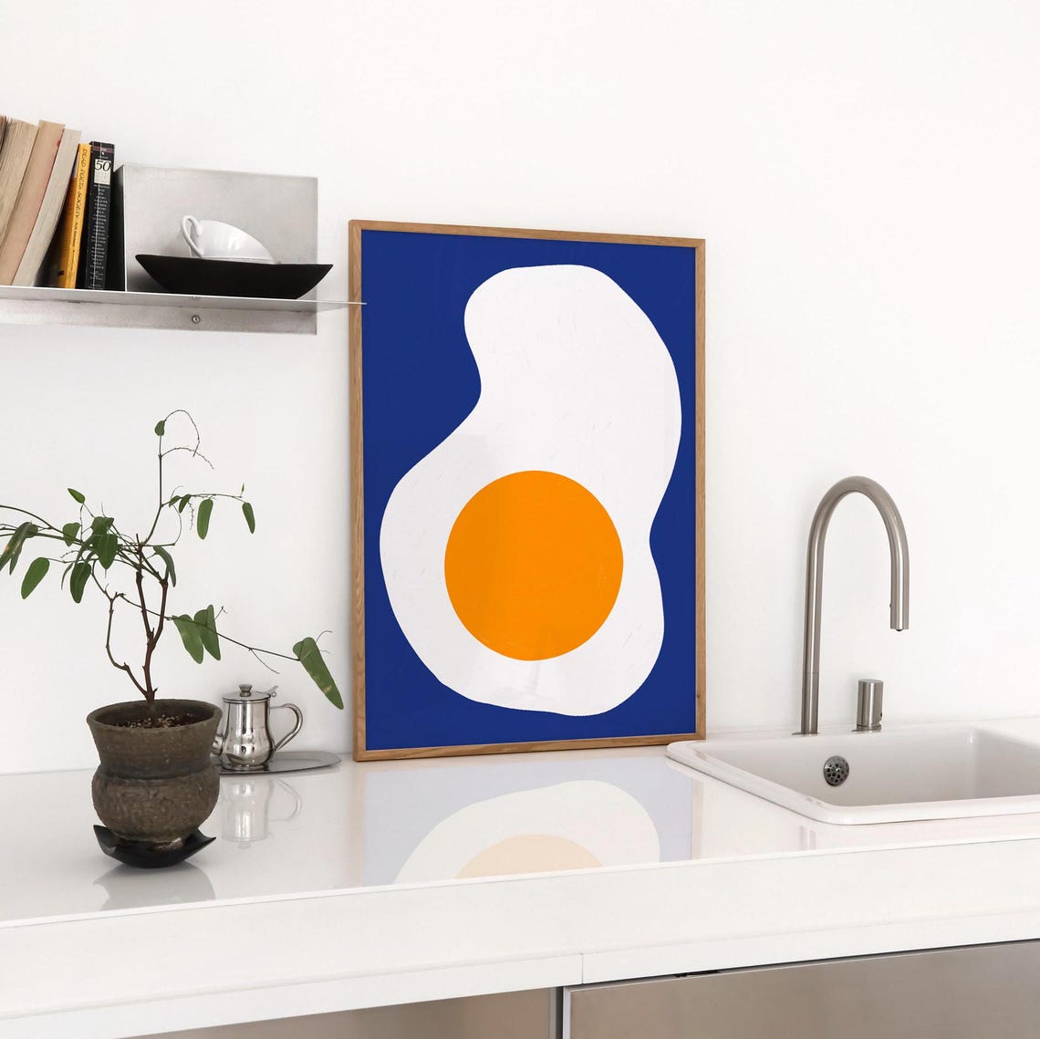 Sunny Side Up Fried Egg Cobalt Blue Modern Breakfast Art Poster - Image 3