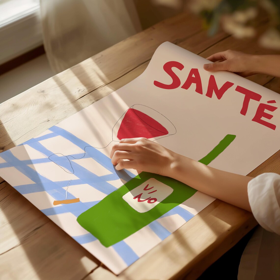 Santé Red Wine Glass With Green Vino Bottle On Picnic Cloth Poster - Image 2