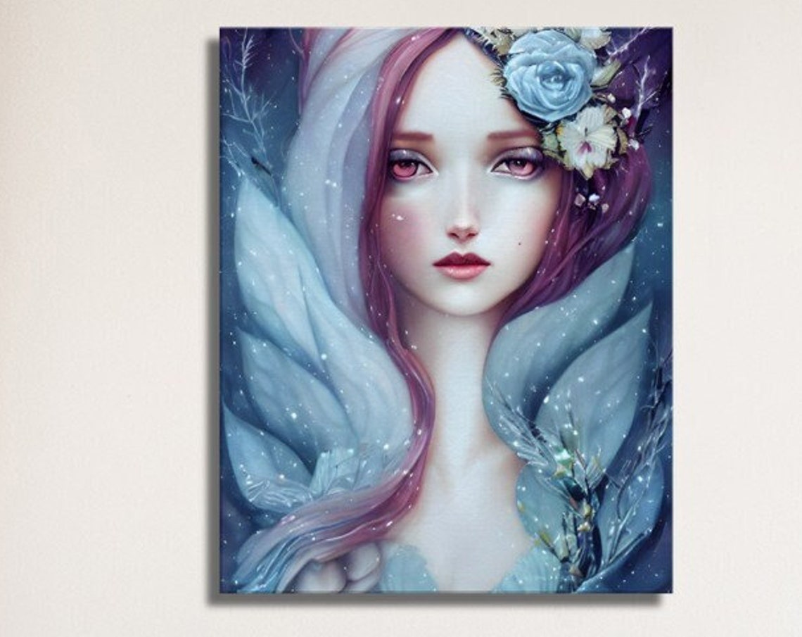 Frost Rose Winter Goddess Blue Floral Icy Fantasy Art Poster