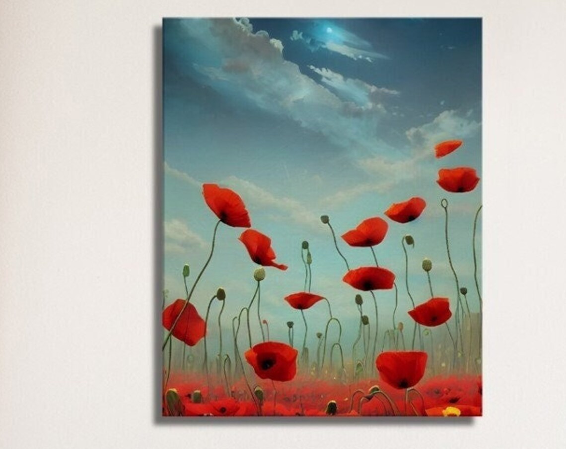 Red Poppies Blue Sky Dreamy Wildflower Meadow Scene Art Poster