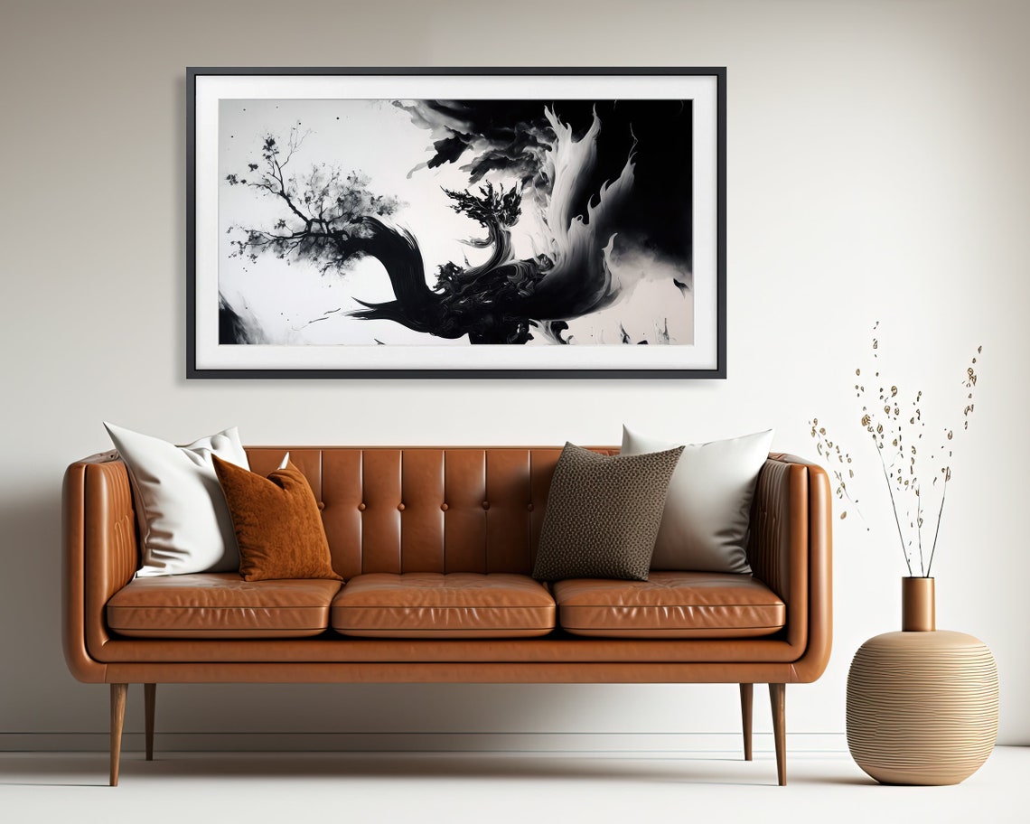 Black White Ink Wash Windblown Tree Smoke Monochrome Wall Art Poster - Image 3