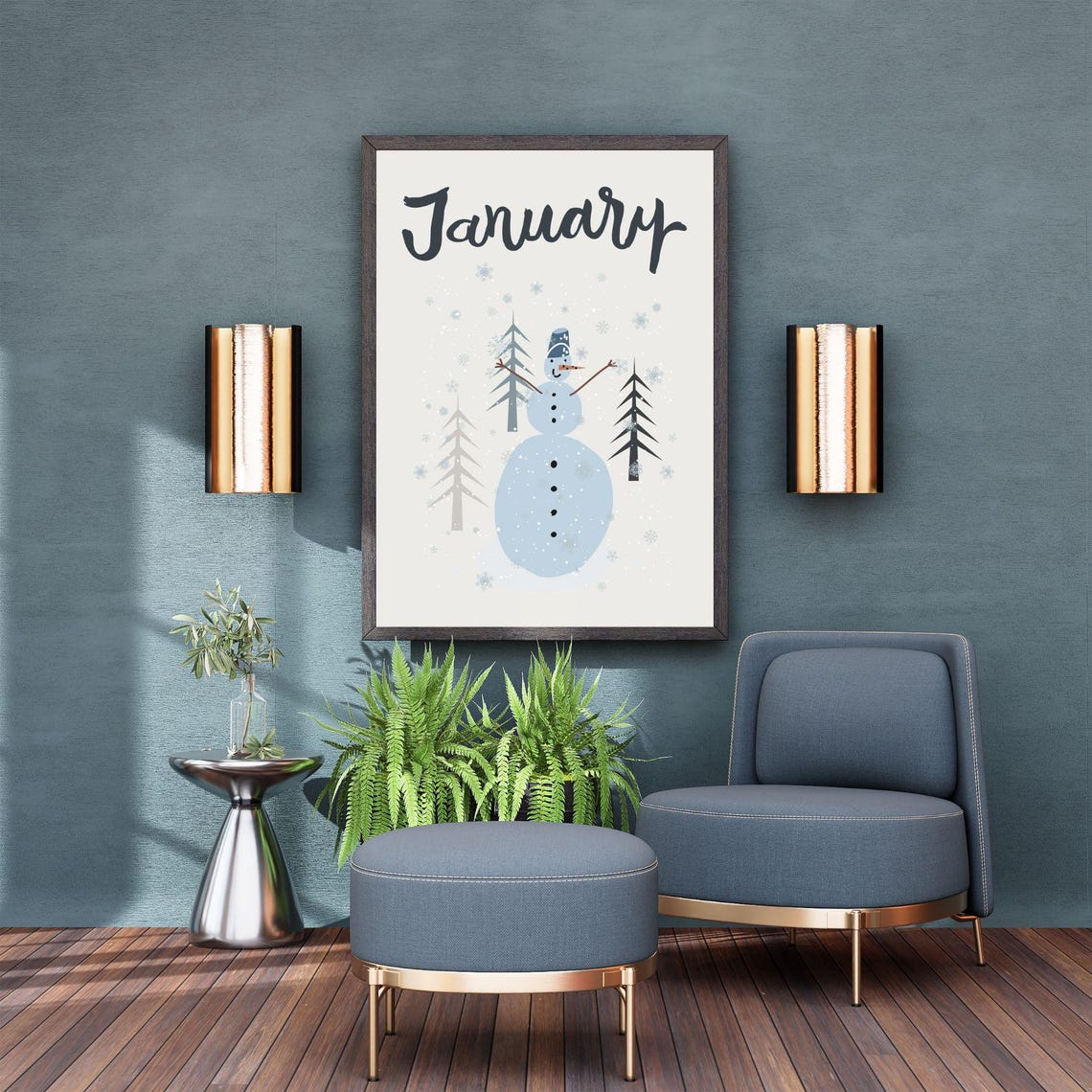 January Snowman Wonderland Winter Pines Snowflakes Seasonal Art Print