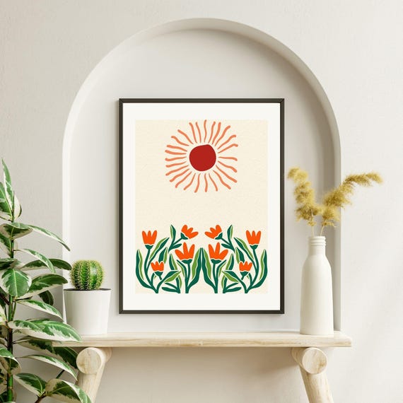 Henri Matisse Inspired Sun And Flowers Modern Abstract Wall Art Minimalist Sun And Flowers Art Wall Decor Art