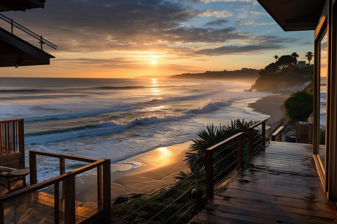 Beach House Wooden Deck Overlooking a Golden Ocean Sunset Poster