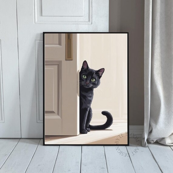 Minimalist Black Cat Peeking Around Door With Green Eyes Poster