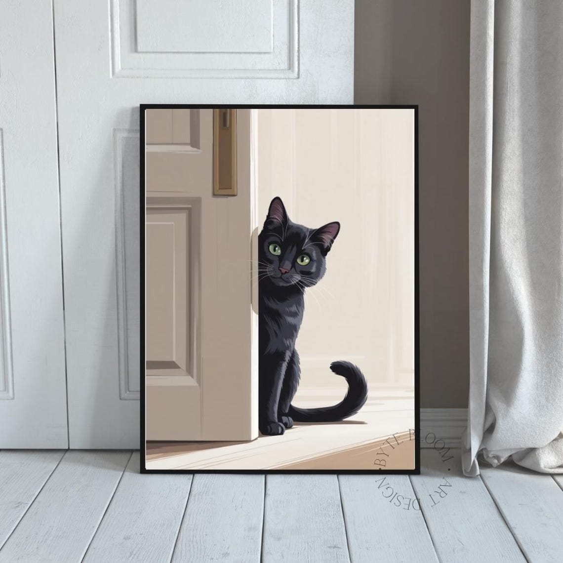 Minimalist Black Cat Print Peekaboo Kitten Wall Art