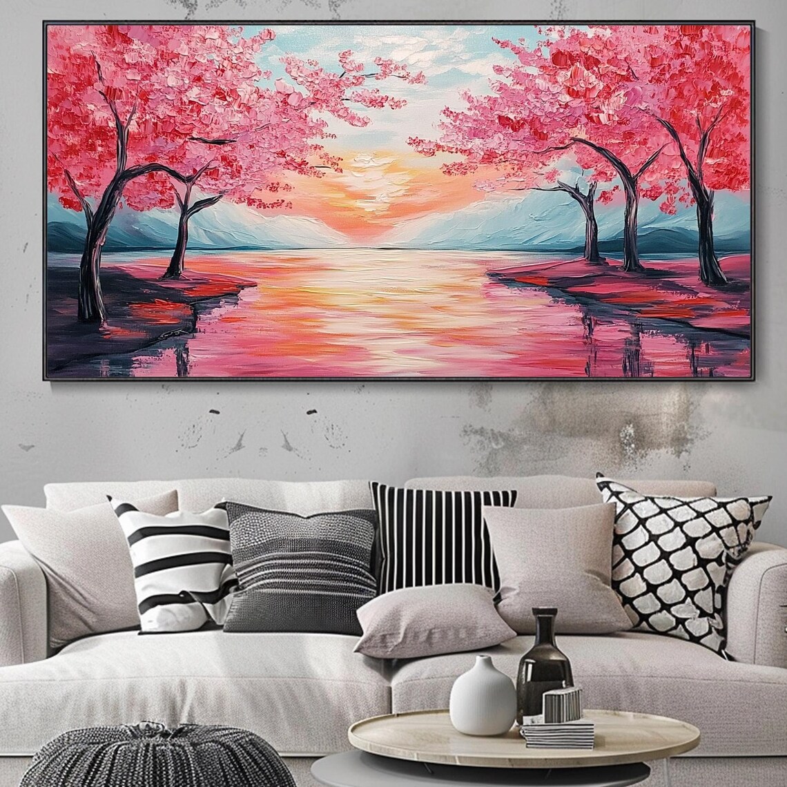Pink Cherry Blossom Trees Pink Lake Sunset Dreamy Spring Travel Poster