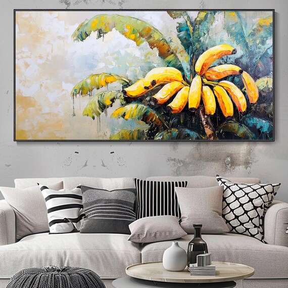 Abstract Yellow Banana Oil Painting On Green Yellow Wall Art Large Wall Art Hand Fruit Art Modern Home Decor Living Room Art