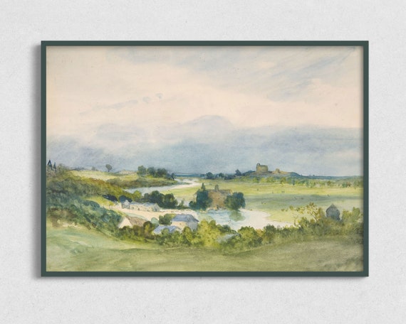 Watercolor Hills Vintage Cottagecore Art Antique Landscape Artwork