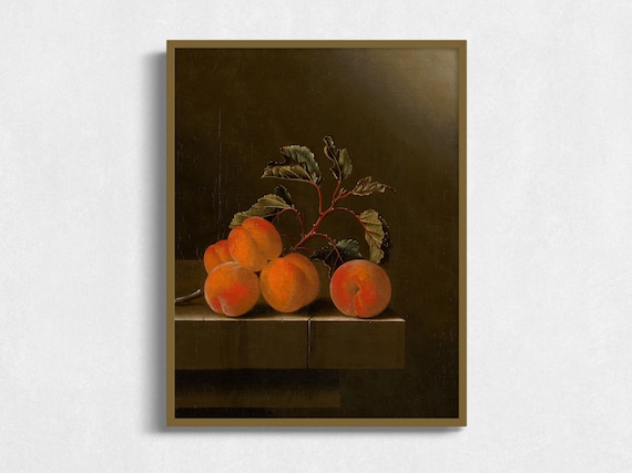 Five Peaches Still Life Vintage Art Print Moody Antique Oil Painting Wall Art Antique Fruit Kitchen Art