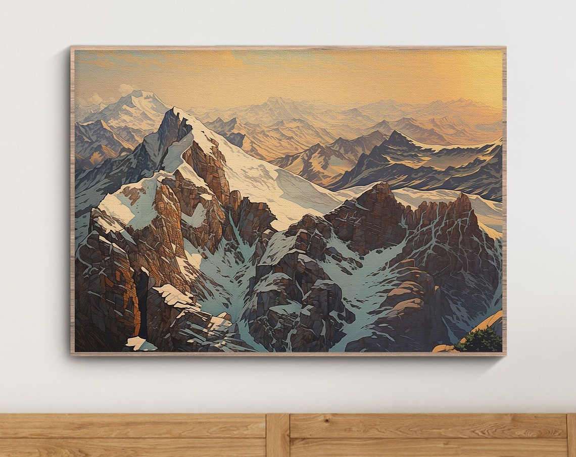 Snowy Mountain Peaks Golden Sunset Alpine Landscape Scene Poster