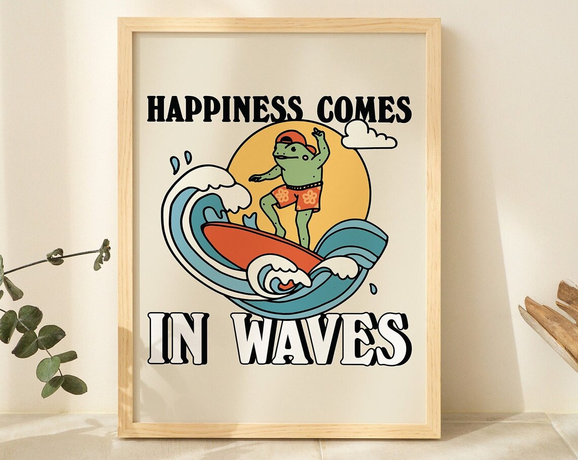 Surfing Frog Retro Happiness Quote Art Print