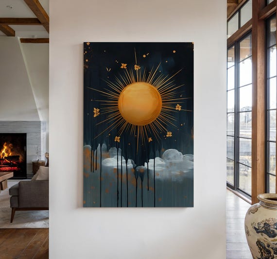Mystical Celestial Golden Sun Rays Dark Blue Gothic Sky Art Print