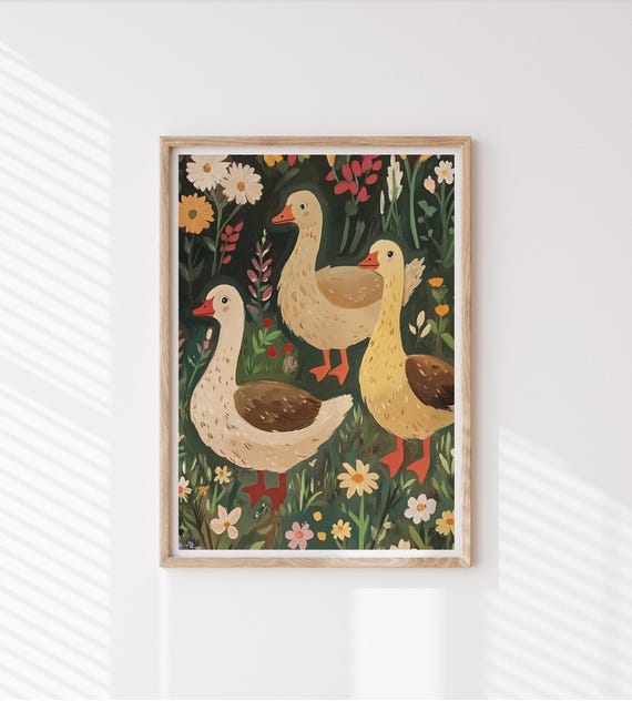 Farmhouse Goose Print Vintage Farm Geese Painting Rustic Nursery Animal Art Cottage Wall