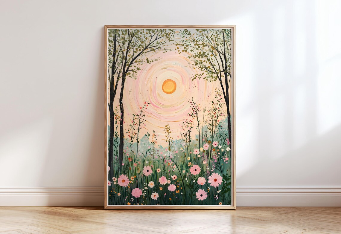 Dreamy Summer Wildflower Meadow Pink Blooms Golden Sun Art Print