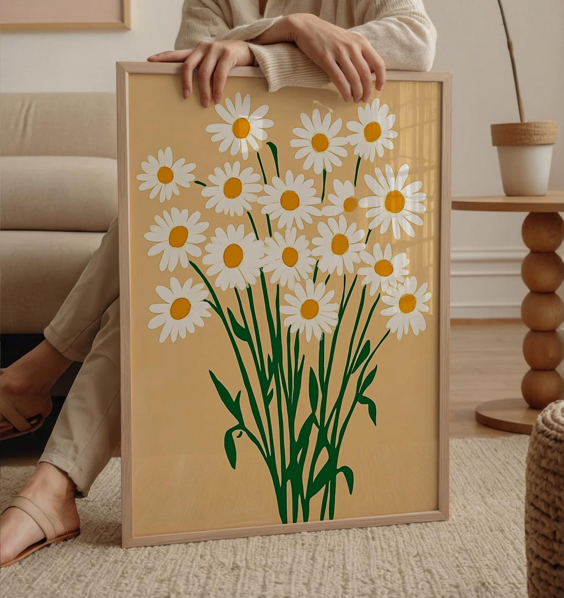 Boho Daisy Bouquet White Flowers Beige Background Floral Wall Art
